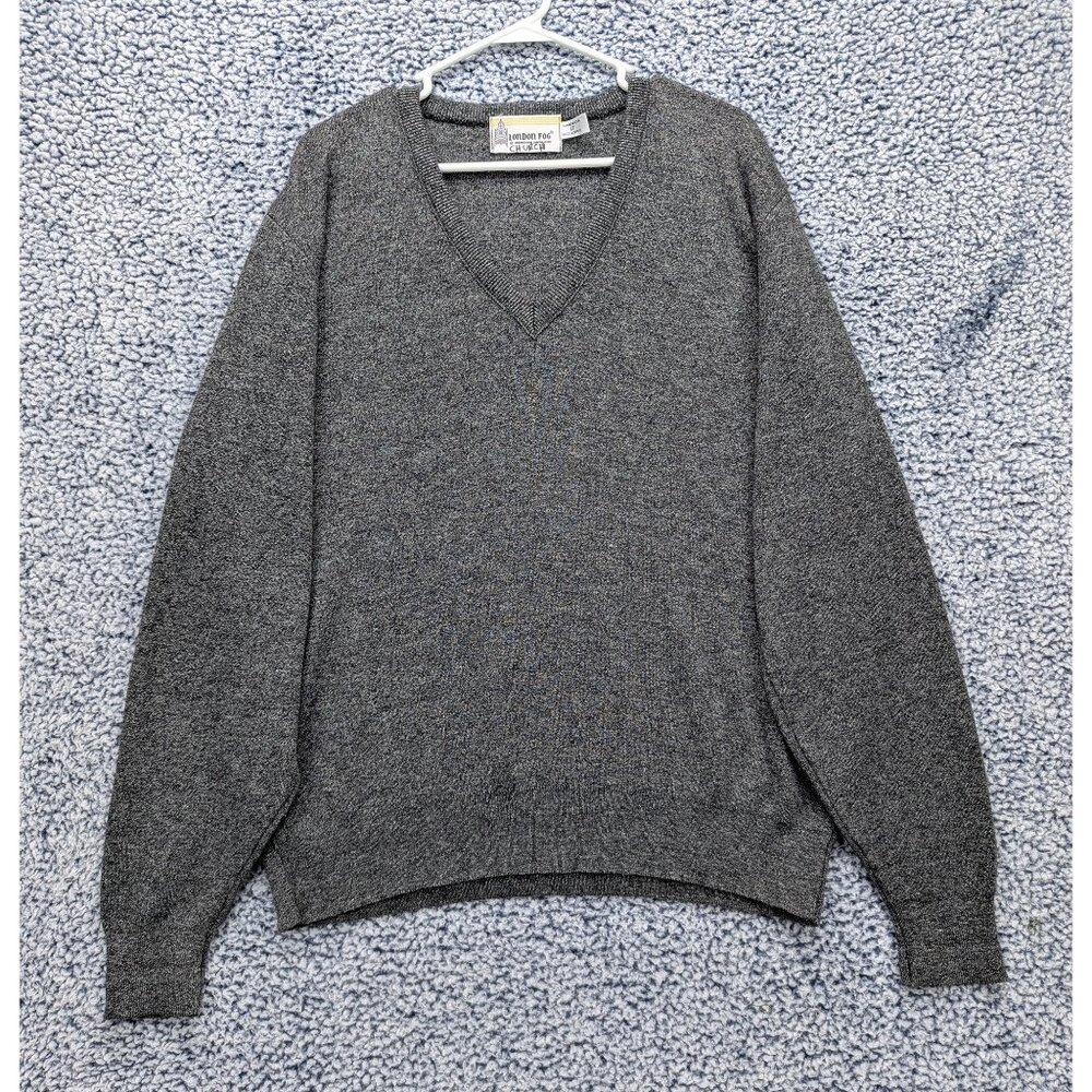 Vintage London Fog Grandpa Sweater Mens L Tall V Neck Pullover USA Made 90s Gray